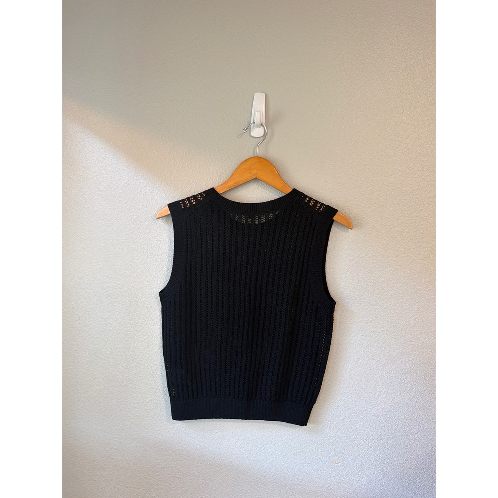 Uniqlo Mesh Knit Sweater Vest Women Medium Black Pointelle Sleeveless 467796 - Picture 2 of 7